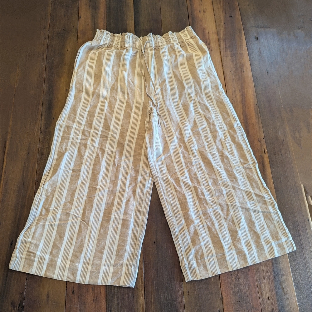 NWT Madewell Linen Blend Striped Wide Leg Large Cropped Pants Tan & Cream